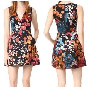 Alice + Olivia  Lantern V Neck Mini Dress Floral Field Burnout Size 0 NWT $395